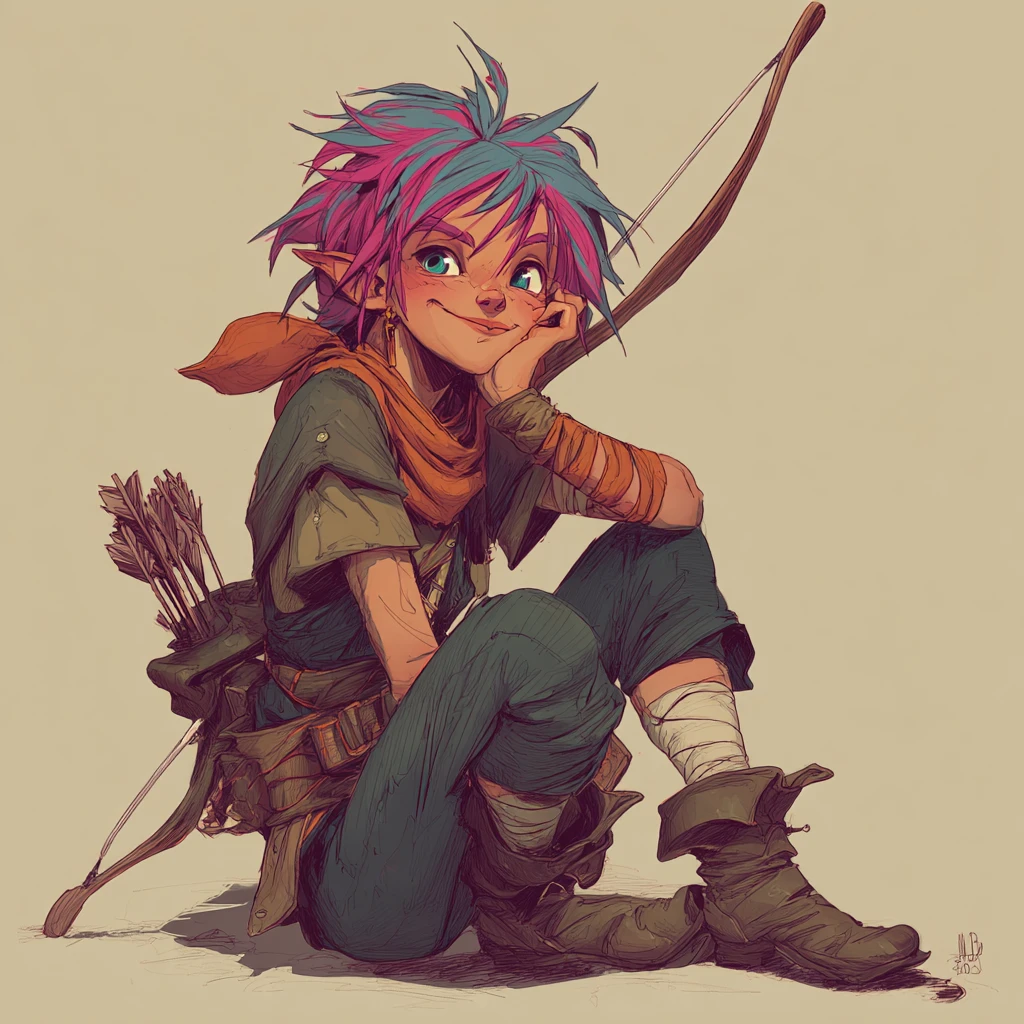 Playful elf ranger girl with messy colorful short hair