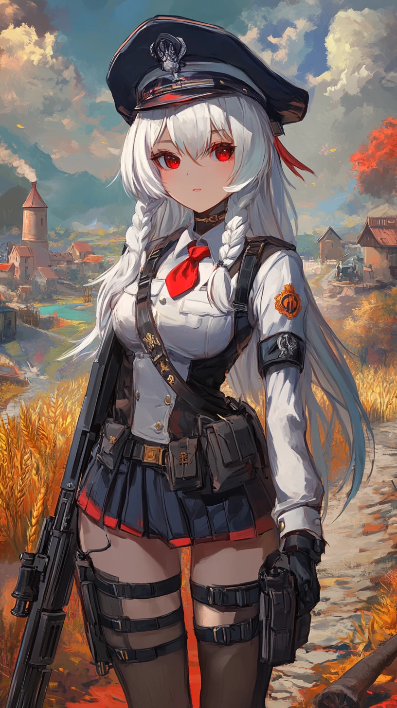 Anime-Soldatin mit weißen Zöpfen in Uniform