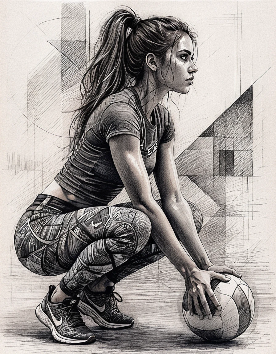 Athletic woman with volleyball in detailed pen drawing