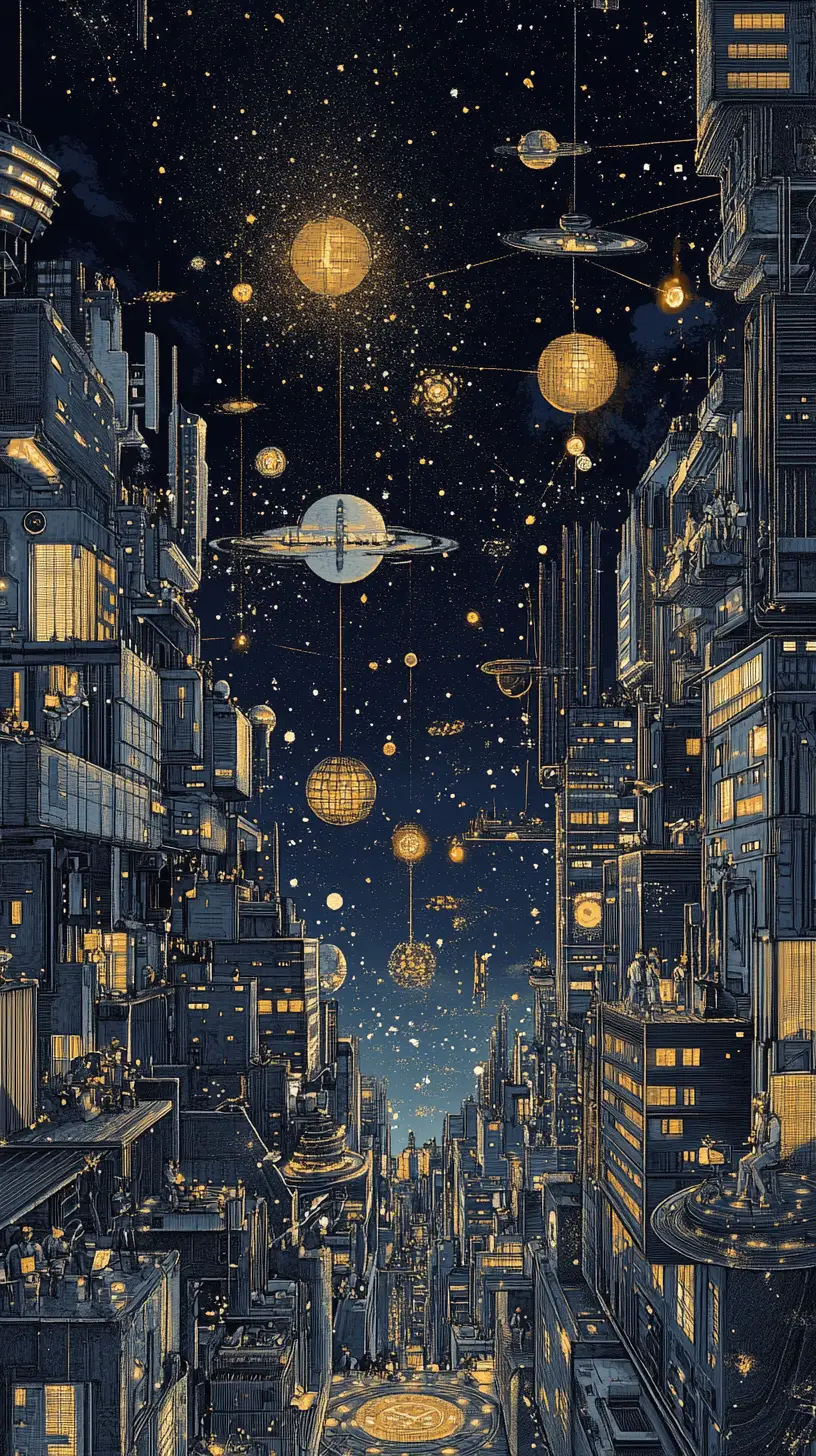 漂浮在宇宙中的發光試算表視窗超現實城市