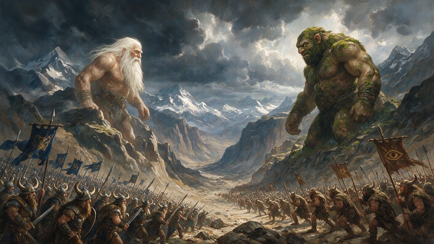 Colossal barbarian faces mountain cyclops across vast valley
