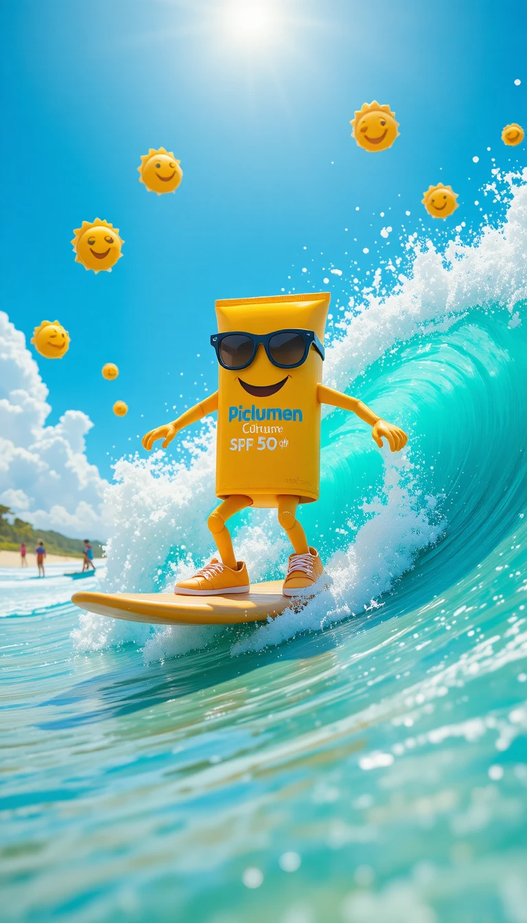 Personagem de protetor solar surfando em uma onda de verão turquesa brilhante