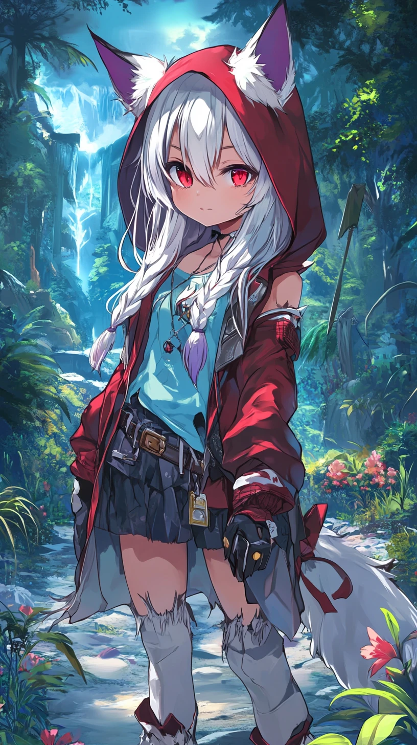 Ragazza anime su un'isola tropicale con rovine di castello