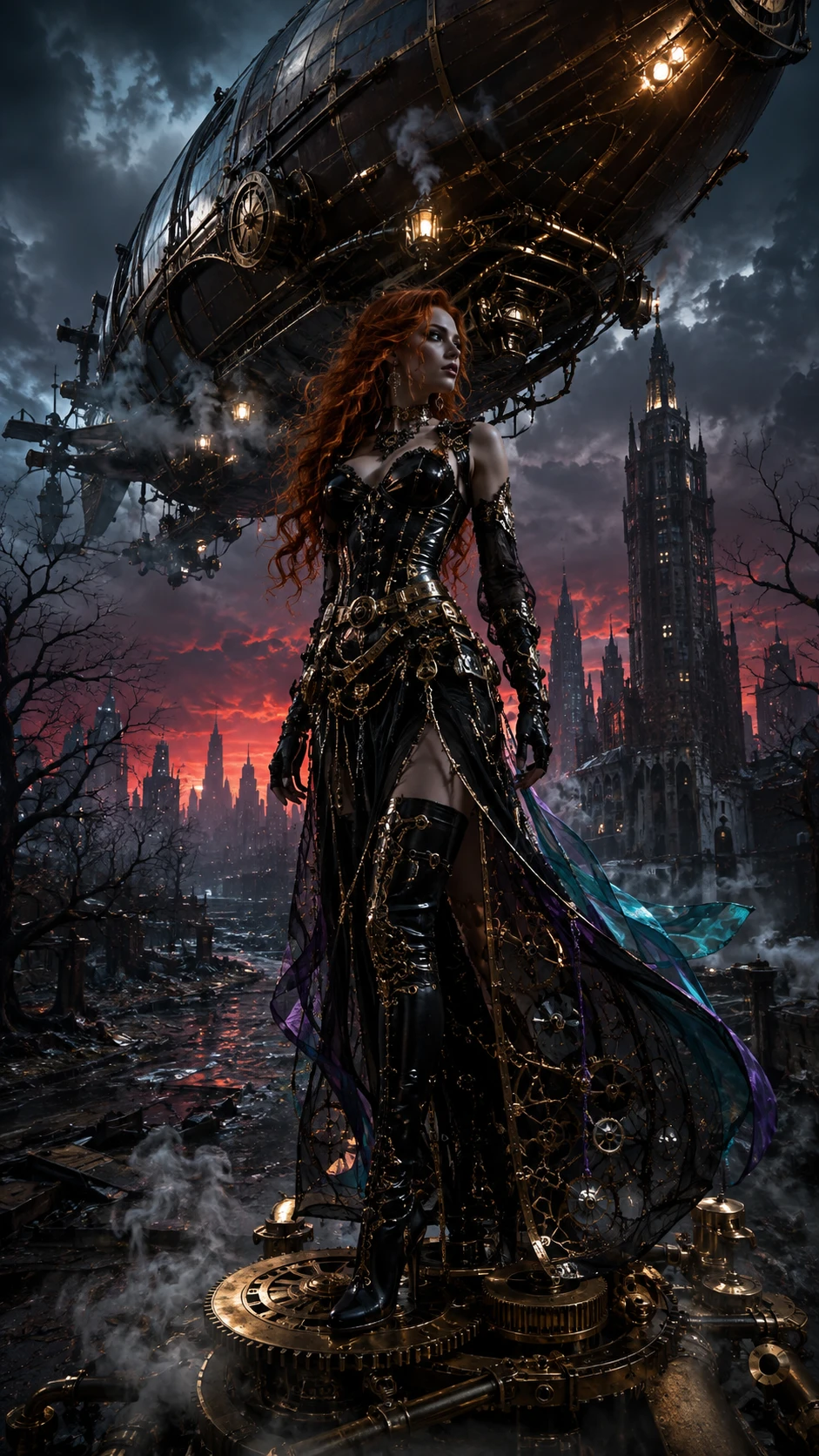 Mulher steampunk em rua destruída de Nova York