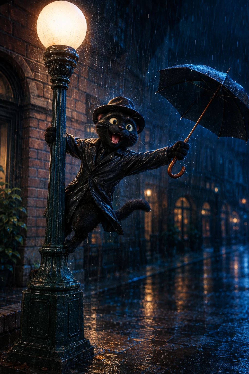 Gato Preto Antropomórfico Cantando na Chuva à Noite