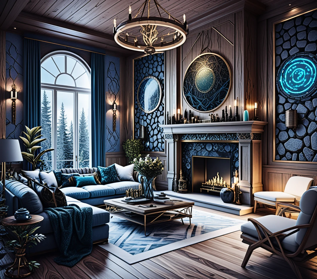 Line art gallery interior with dramatic forest fire paintings