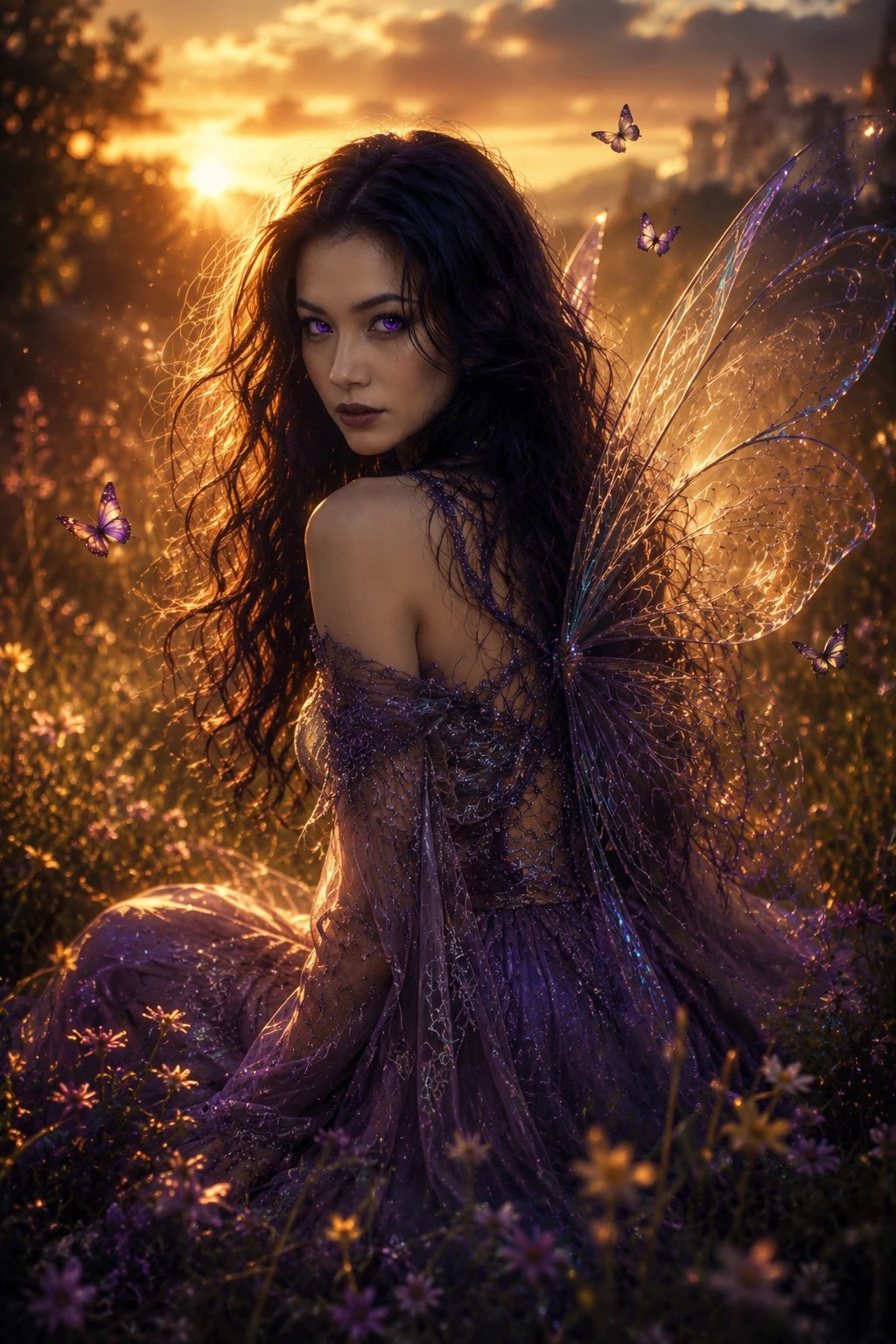Fairy woman with delicate wings in glowing meadow light