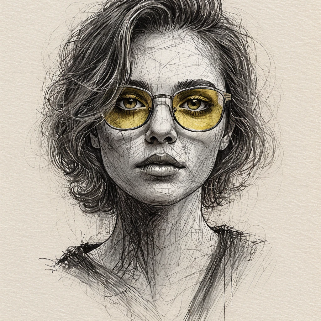 Retrato andrógino a bolígrafo en garabatos con gafas de tono amarillo