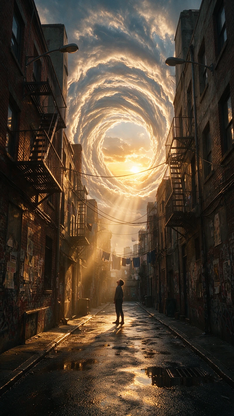 Person in city alley under glowing spiral sky portal