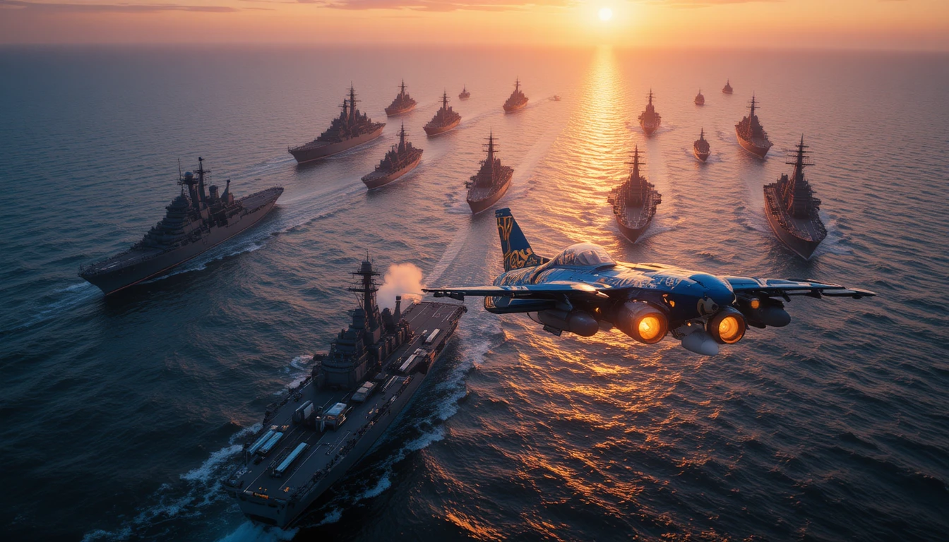 Naval fleet and fighter jets at sunset over the sea