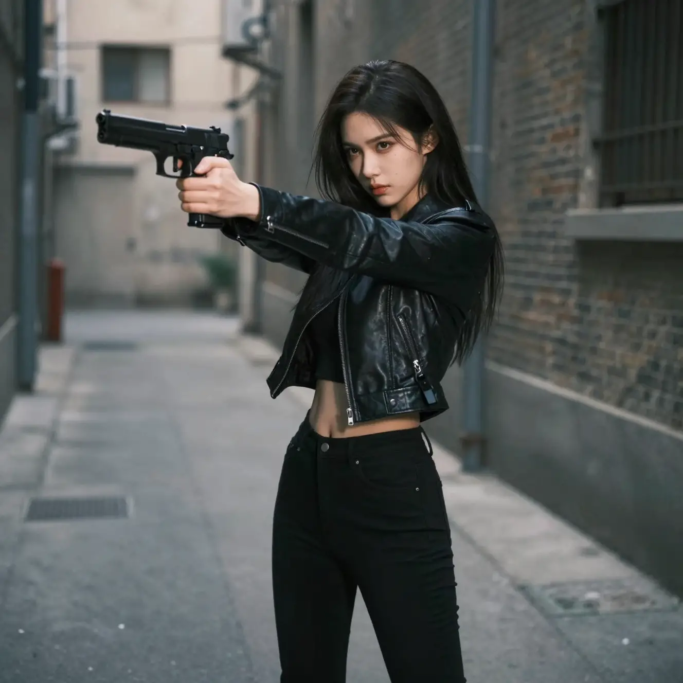 Female assassin aiming handgun in a dark urban alley