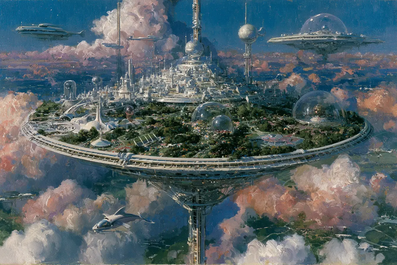 Retrofuturistische schwebende Stadt über bunten Wolken mit Einschienenbahnen