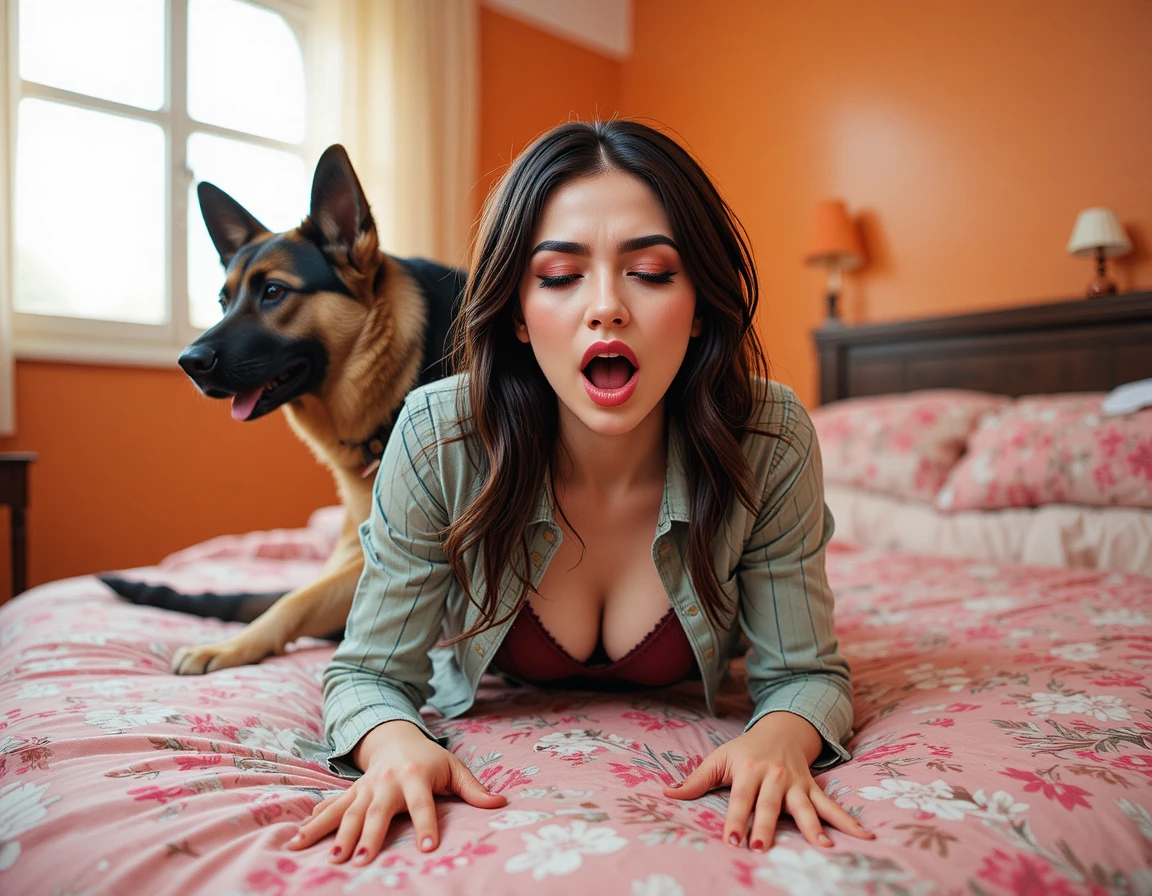 Arab woman with red makeup on a pink floral bed