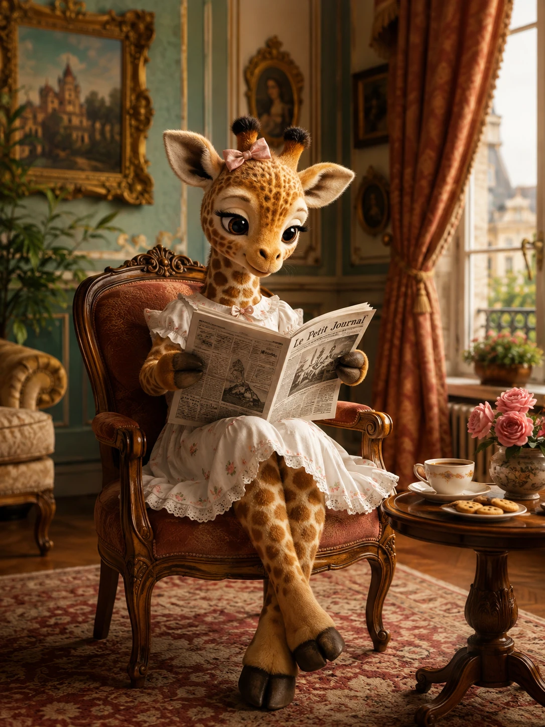 Dolce giraffa ragazza che legge in un accogliente appartamento vintage