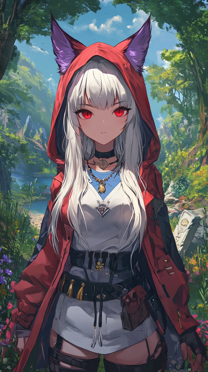 Ragazza anime su un'isola tropicale con rovine di notte