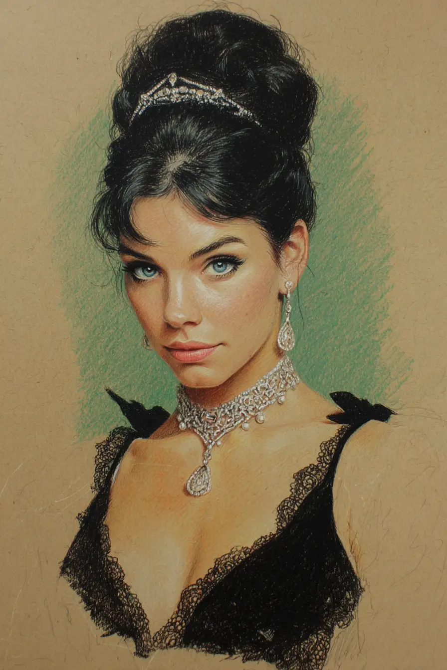 Elegant color pencil portrait of a woman in diamonds