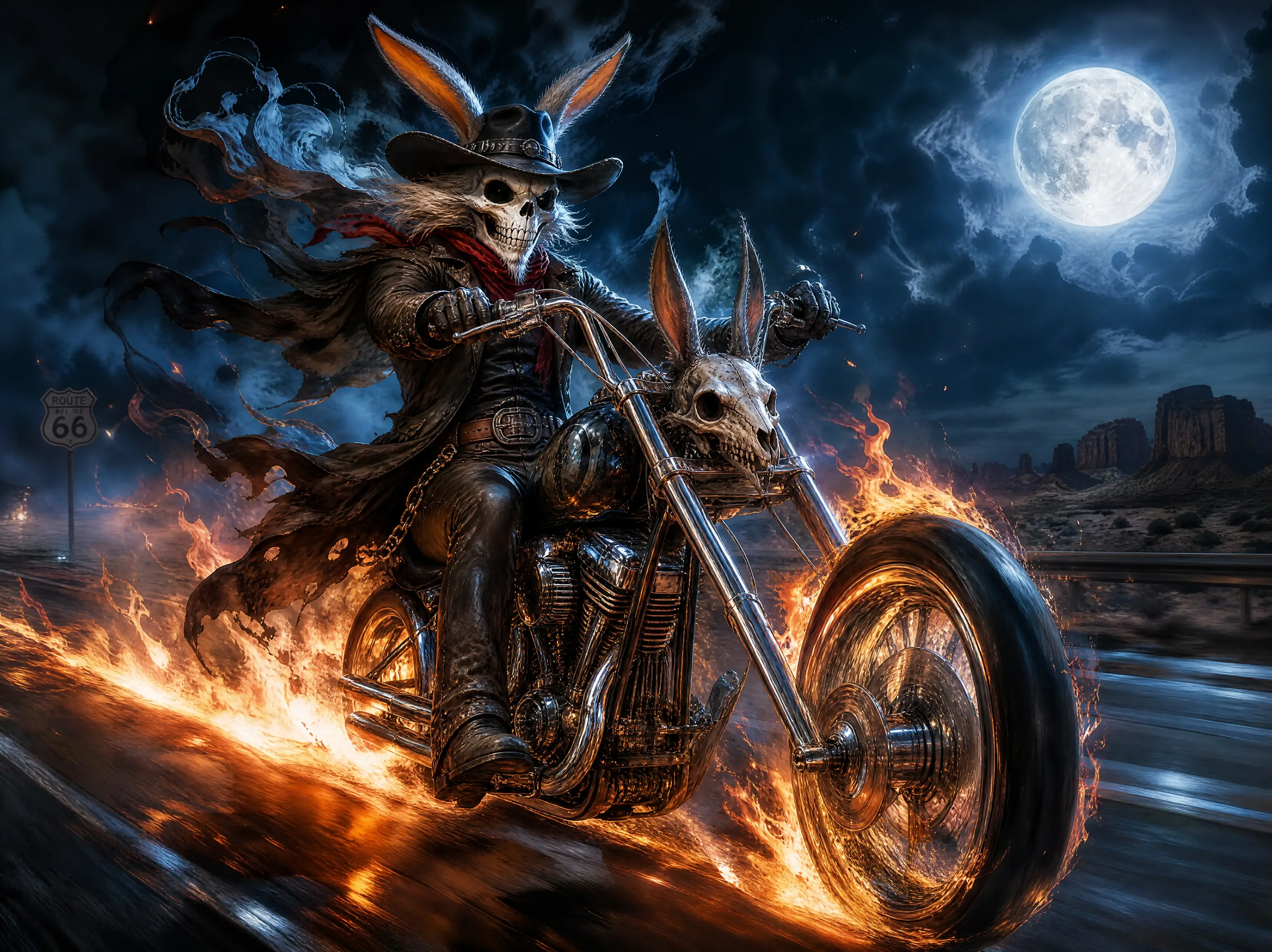 Ghostly rabbit skull rider blazing down a lonely highway