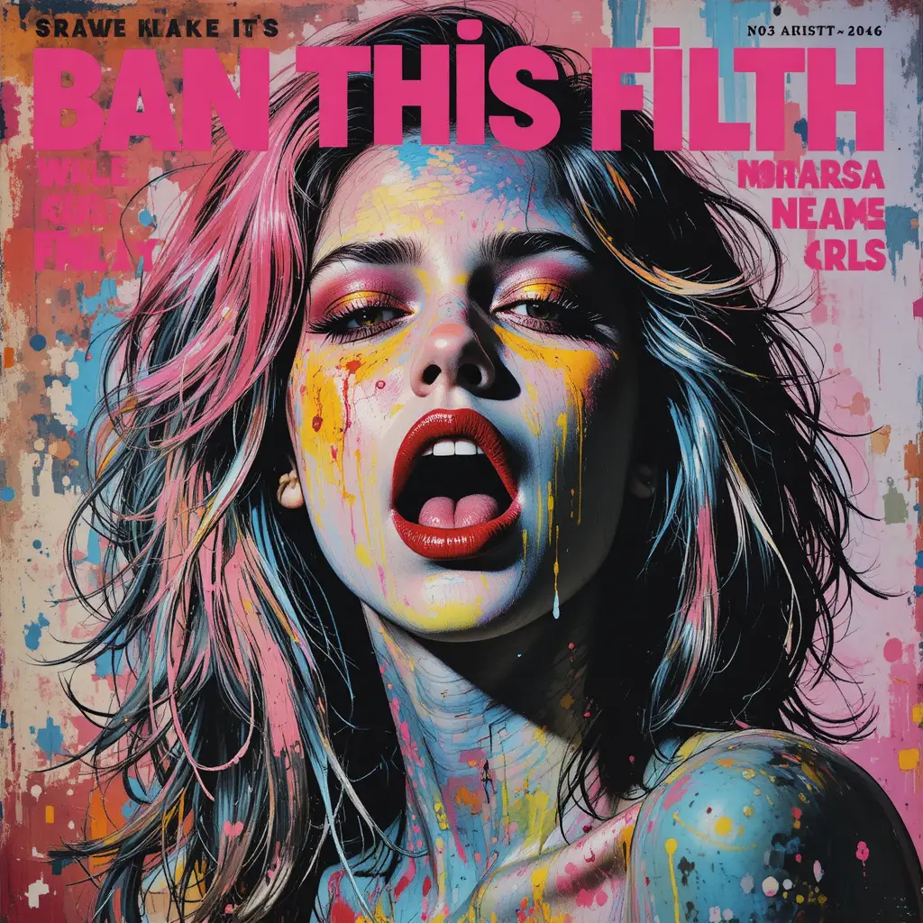 Copertina di rivista controversa in stile pop art con titolo “Ban This Filth”