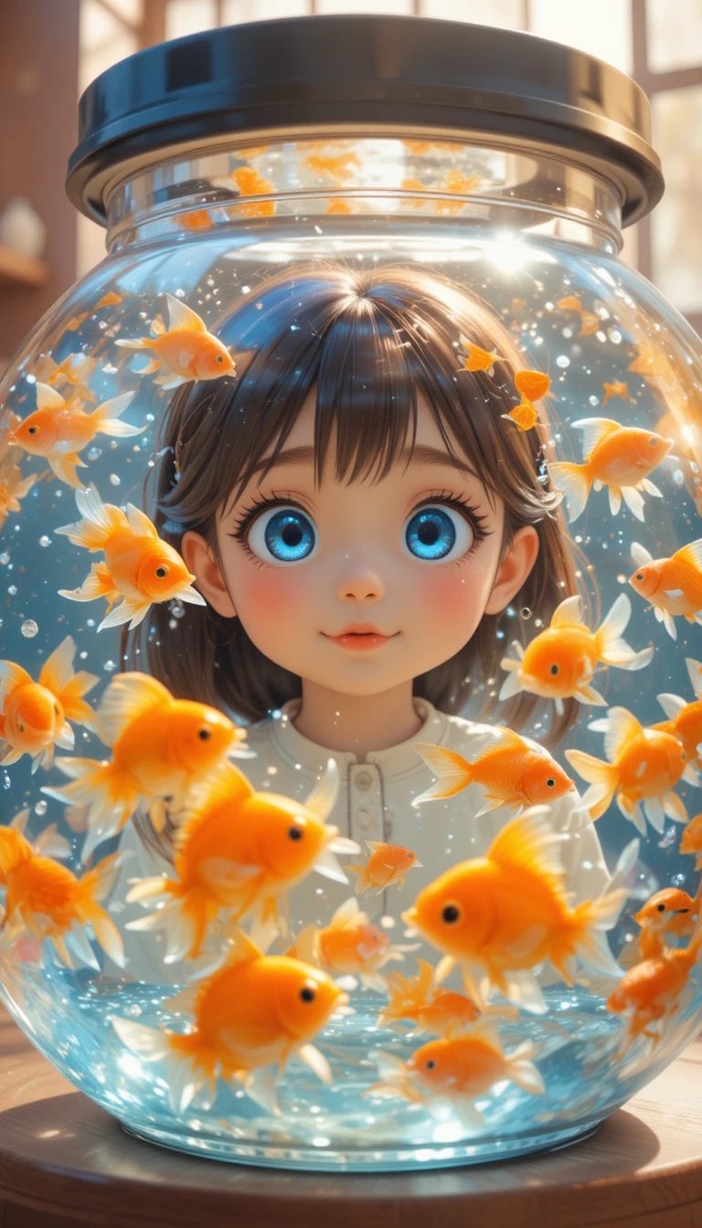 Cute anime girl watching glowing goldfish in aquarium
