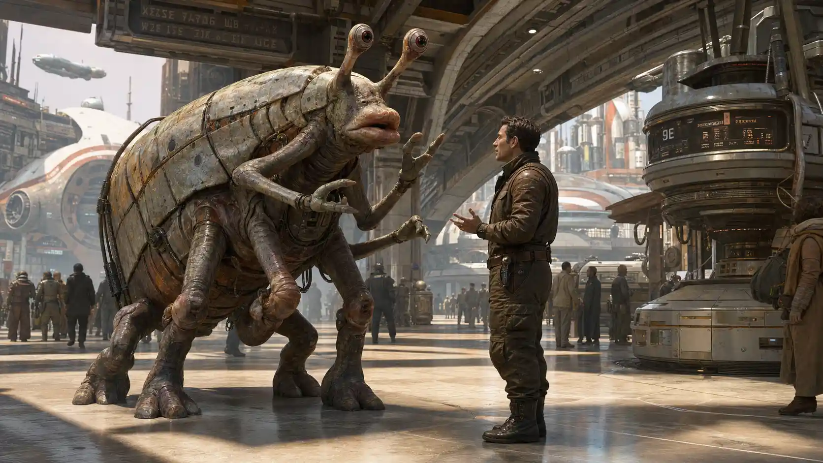 Criatura alienígena conversando com humano em estação espacial futurista