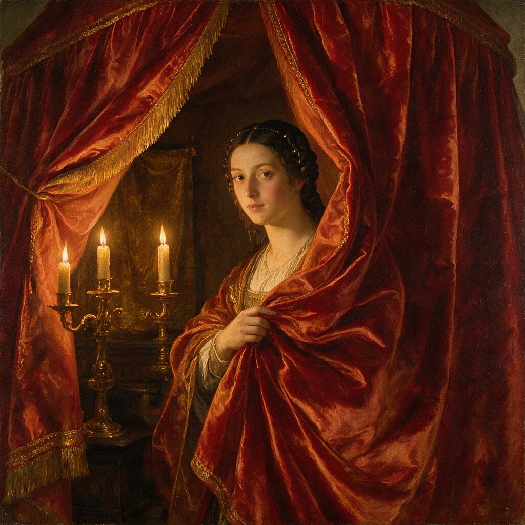 Noble dame de la Renaissance émergeant des tentures de velours cramoisi d’un pavillon