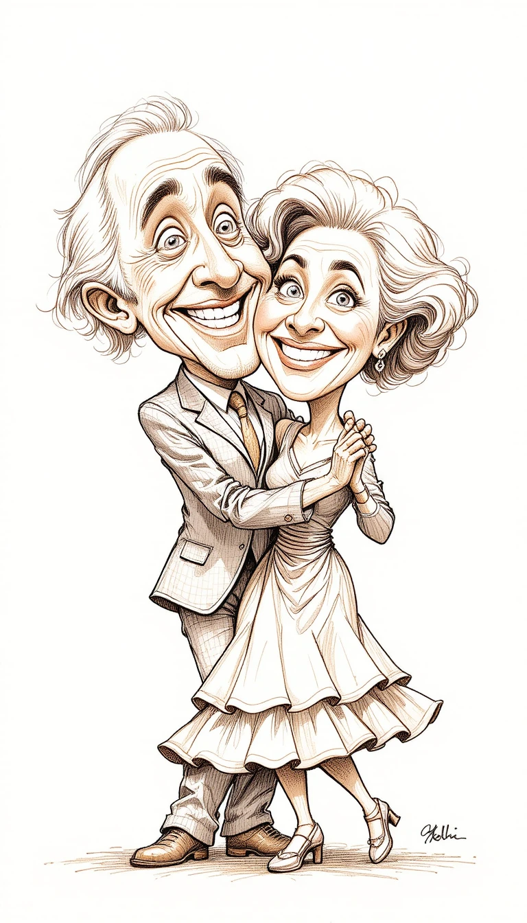 Elderly couple dancing in whimsical caricature drawing