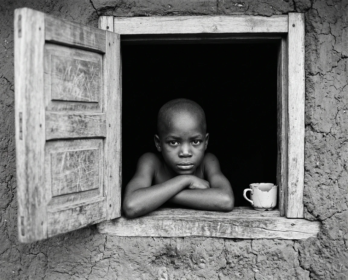 Jeune garçon à la fenêtre dans un portrait sombre en noir et blanc