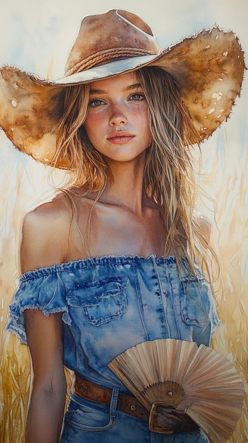 Ritratto ad acquerello di una ragazza al sole con cappello da cowboy