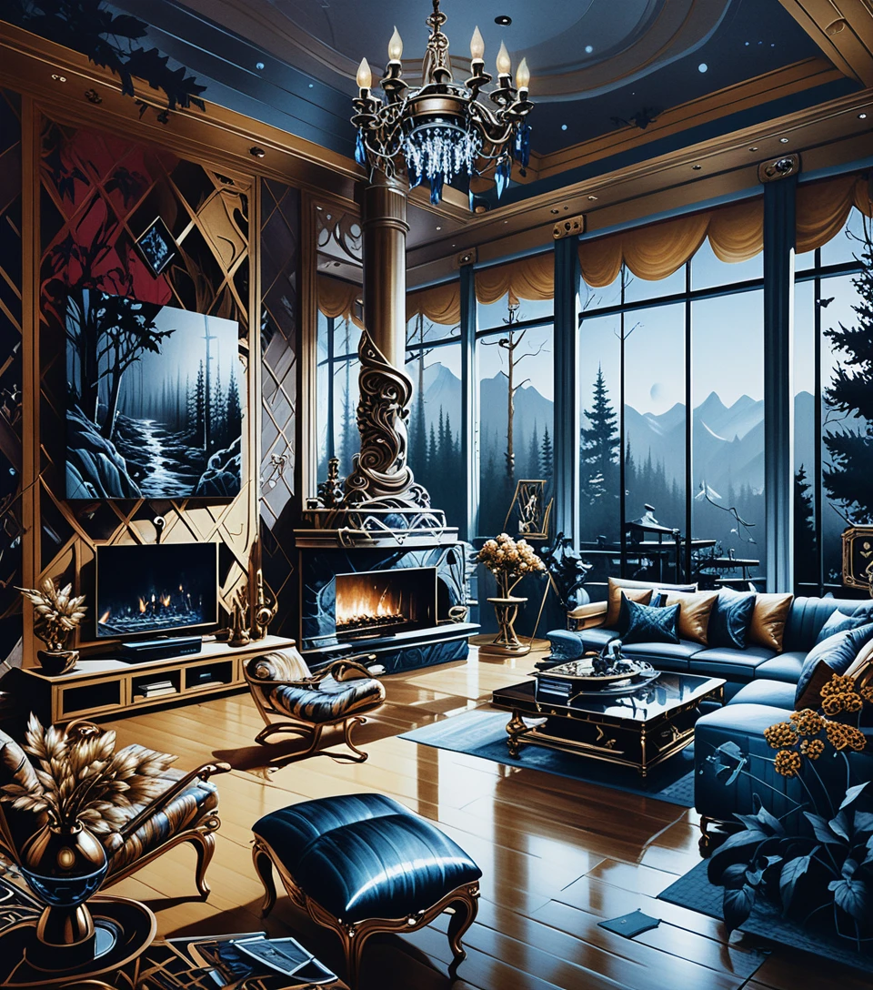 Galerie d’art en line art de peintures d’incendies de forêt dans un intérieur sombre