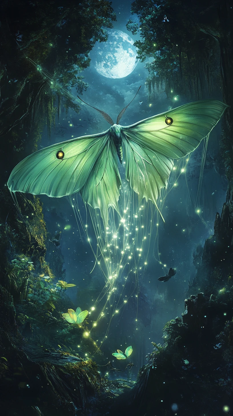 Mariposa-lua tecendo seda estrelada entre árvores ancestrais