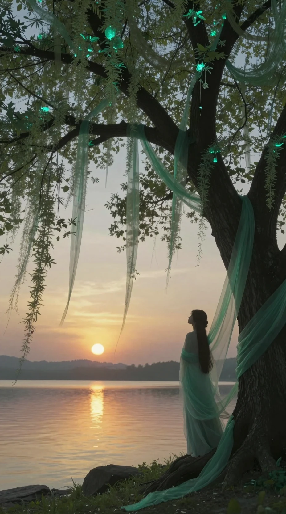 Silhouettierte Frau an einem Baum am See bei Sonnenuntergang