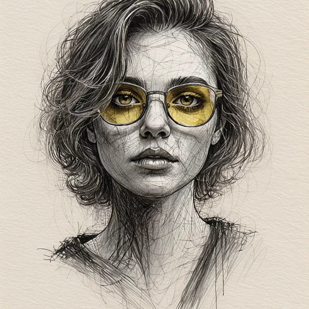 Retrato andrógino em rabiscos de caneta com óculos de lente amarela