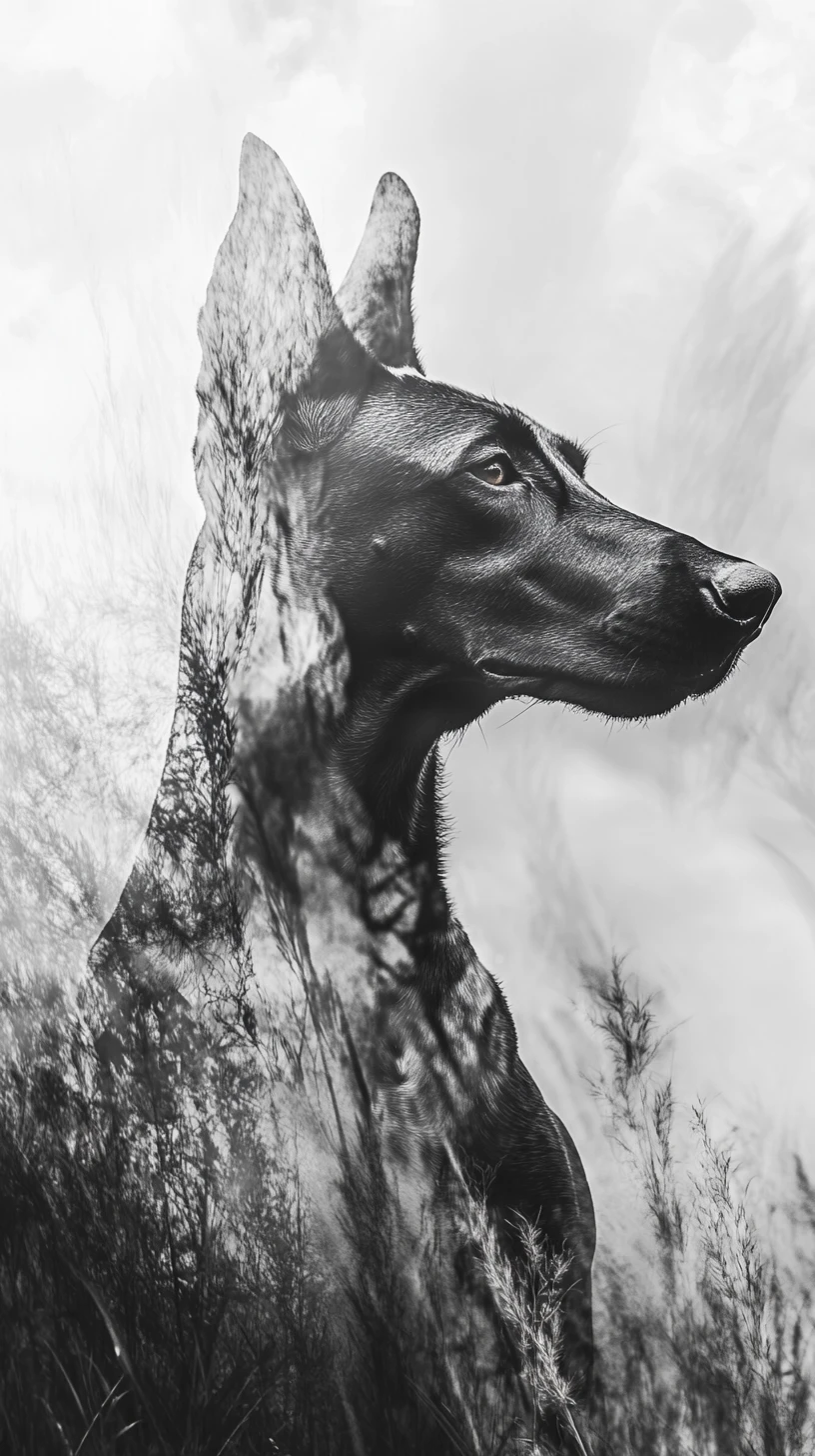 Doberman solto em pé numa rua urbana tensa