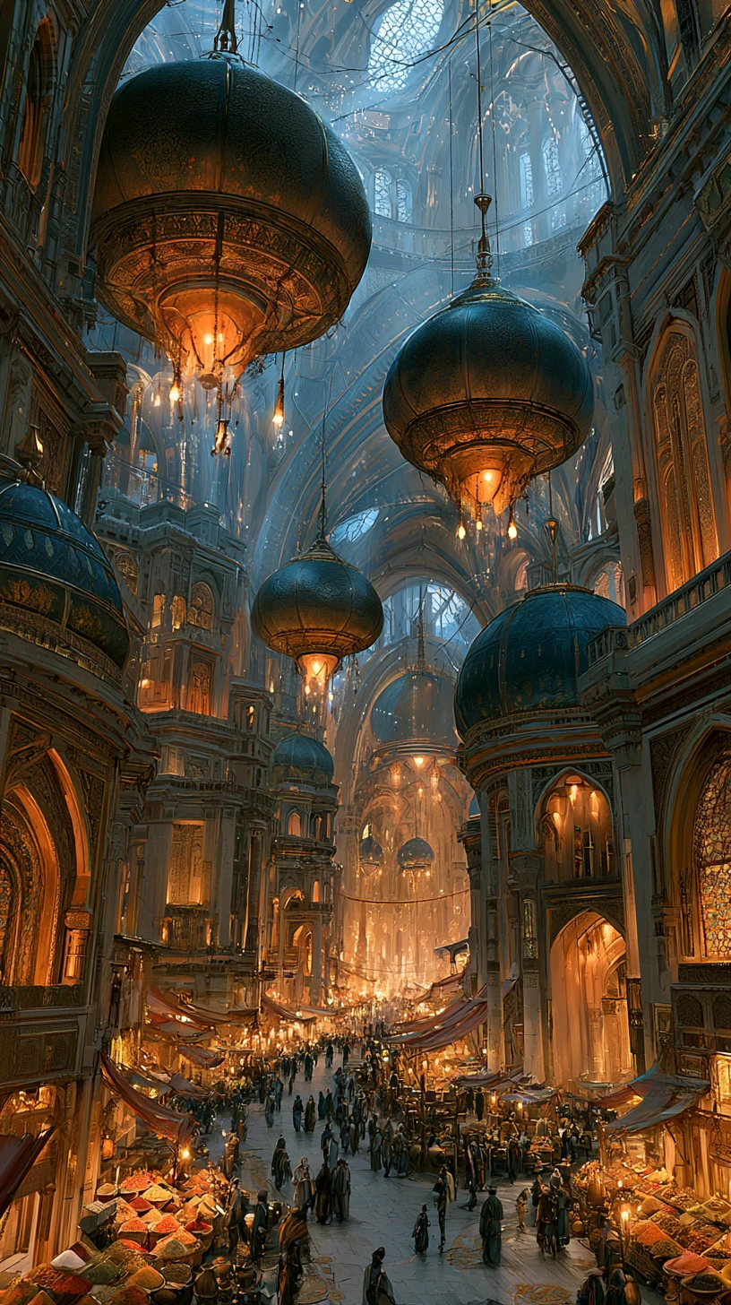 Futuristic grand bazaar under glowing domes and lanterns
