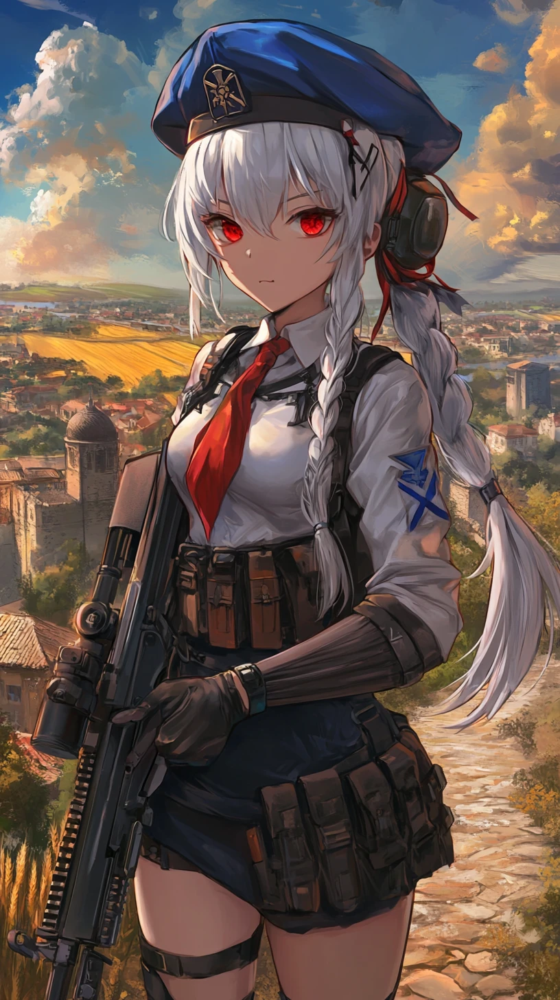三つ編みと赤い瞳の士官制服のアニメ少女
