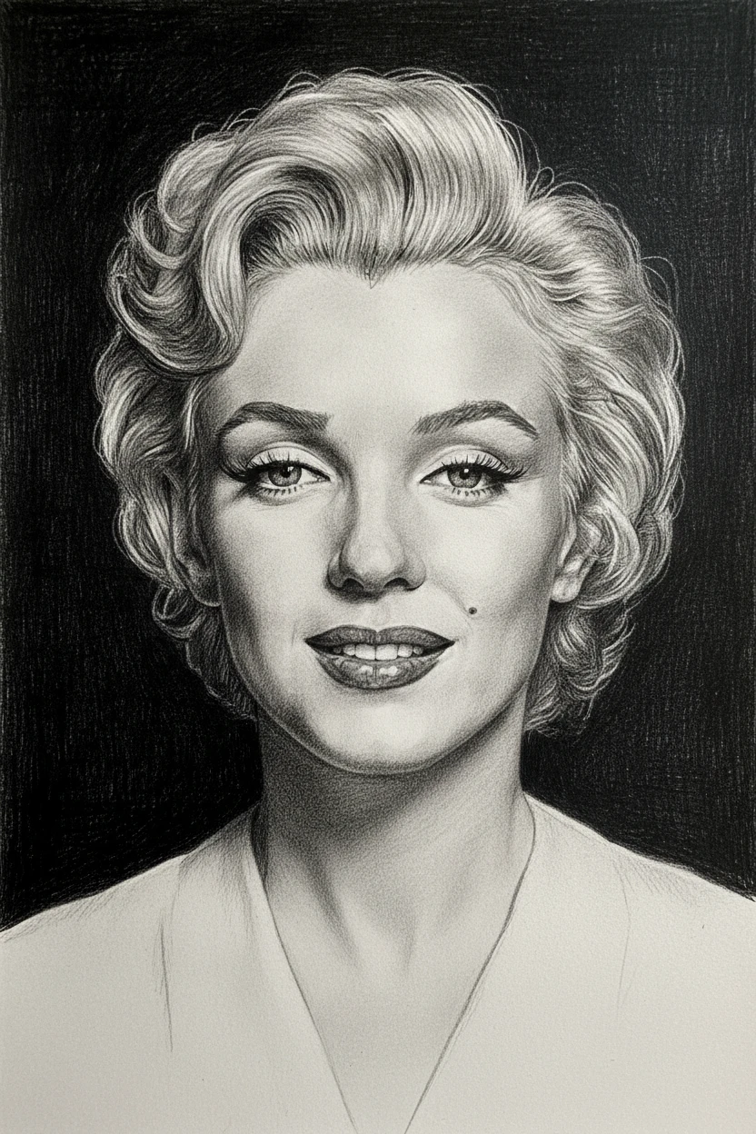 Retrato em grafite de uma mulher sorridente com cabelo clássico cacheado