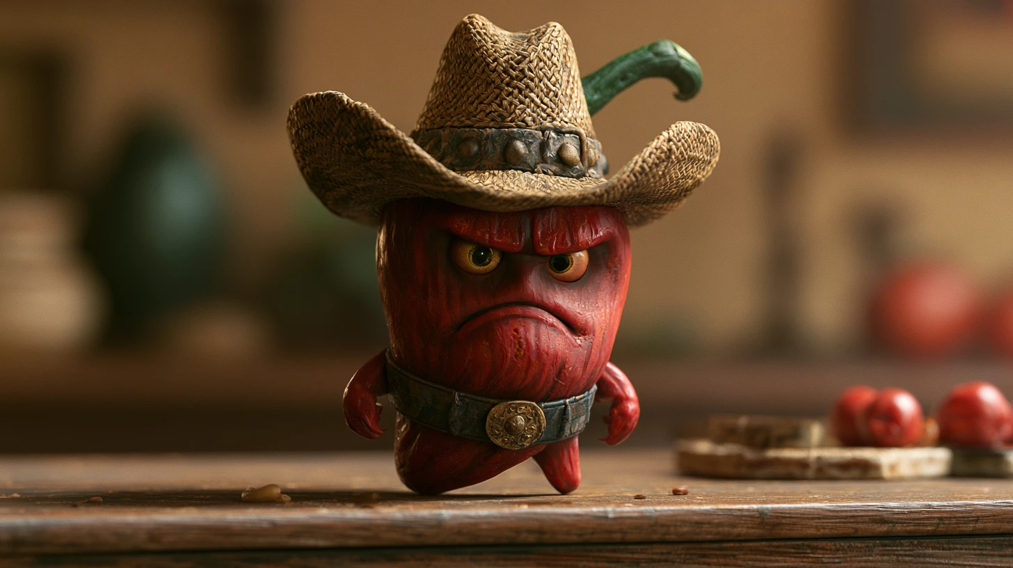 Cowboy peperoncino arrabbiato in piedi su un tavolo da cucina