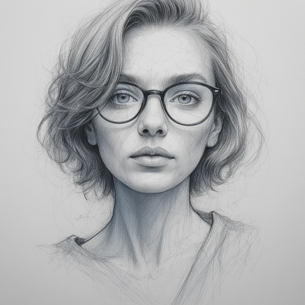 Portrait androgynique buste à la plume en griffonnages