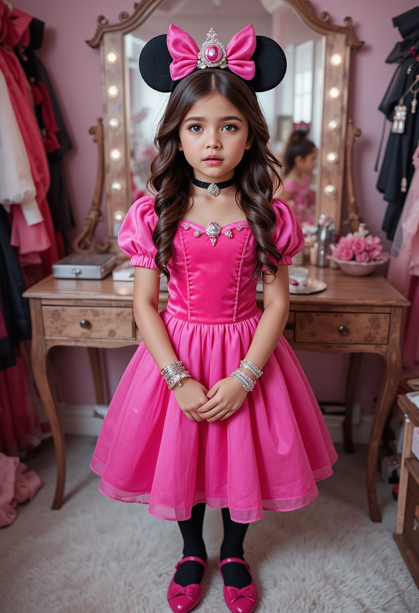 Menino pré-adolescente nervoso com fantasia de princesa rosa na penteadeira