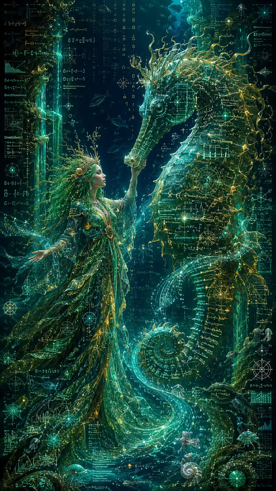Kelp sea witch with mythical seahorse in glowing data ocean