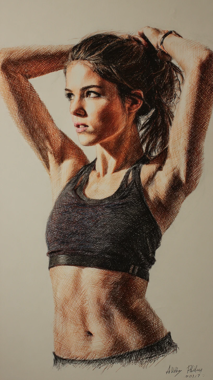 Athletic woman adjusting ponytail with pole vault on shoulder