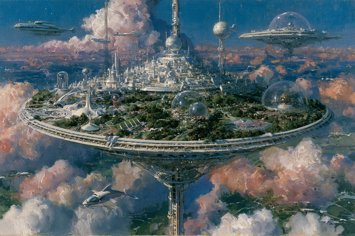 Cidade flutuante retrofuturista sobre nuvens coloridas com monotrilhos