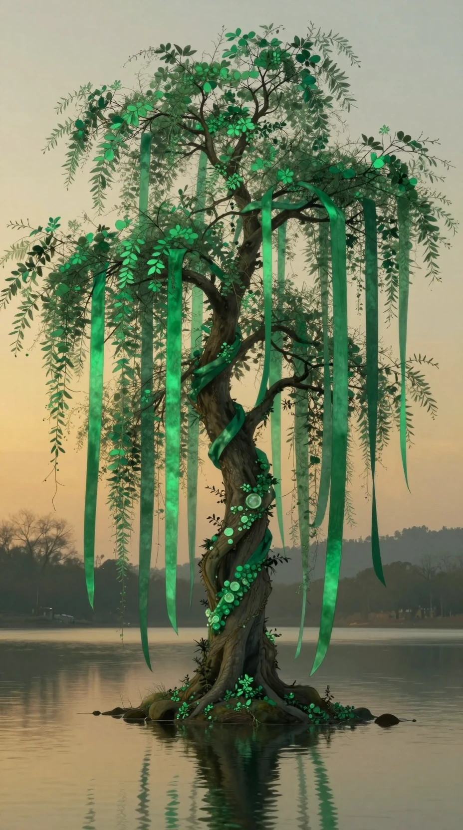 Tall tree reflected over a tranquil golden hour lake