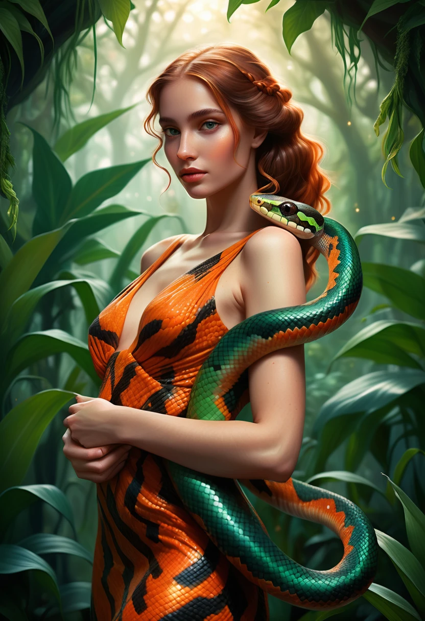 Young woman holding an exotic corn snake in jungle