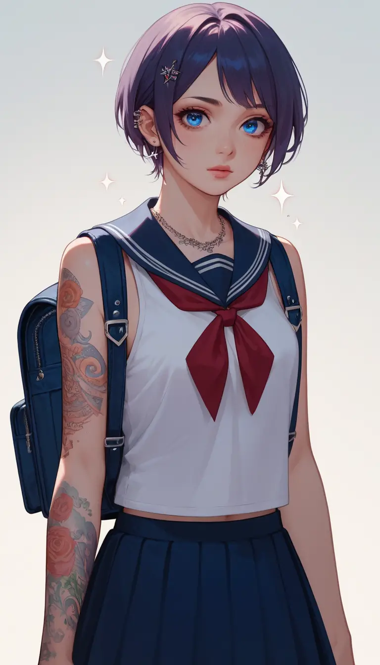Estudante de anime com olhos azuis em uniforme colorido
