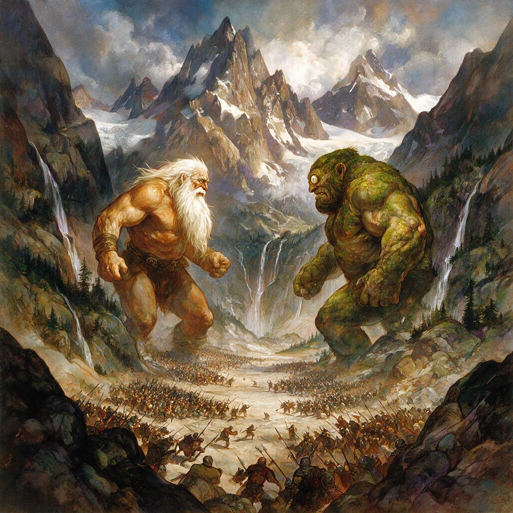 Barbare Colossal et Cyclope S’affrontant dans une Vallée Montagneuse