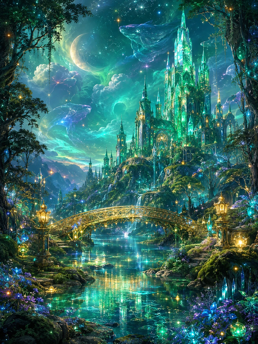 Castelo de cristal esmeralda sobre uma floresta fantástica brilhante