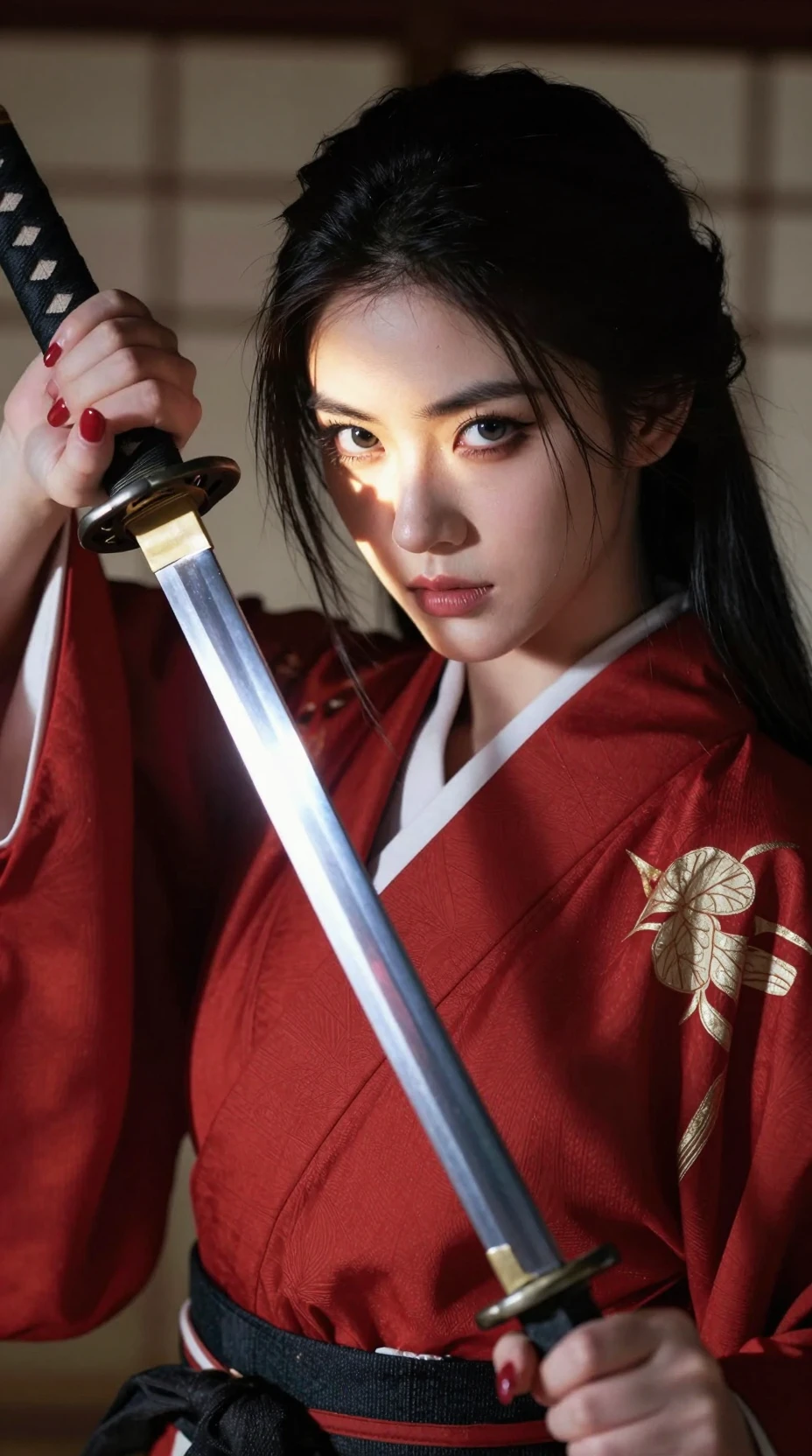 Fierce samurai woman with katana in japanese interior