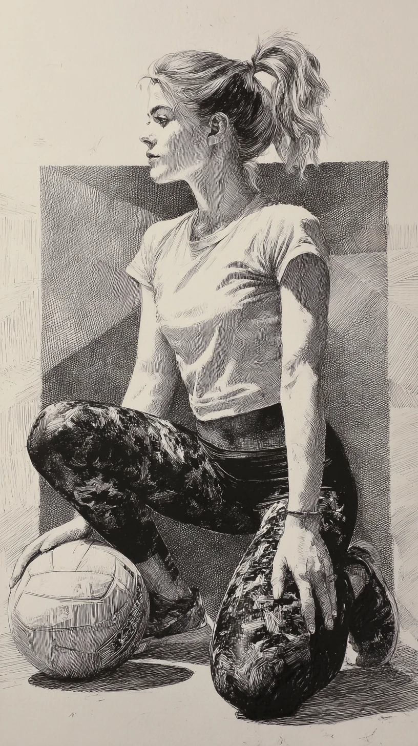 Athletic girl crouching with volleyball in pen drawing