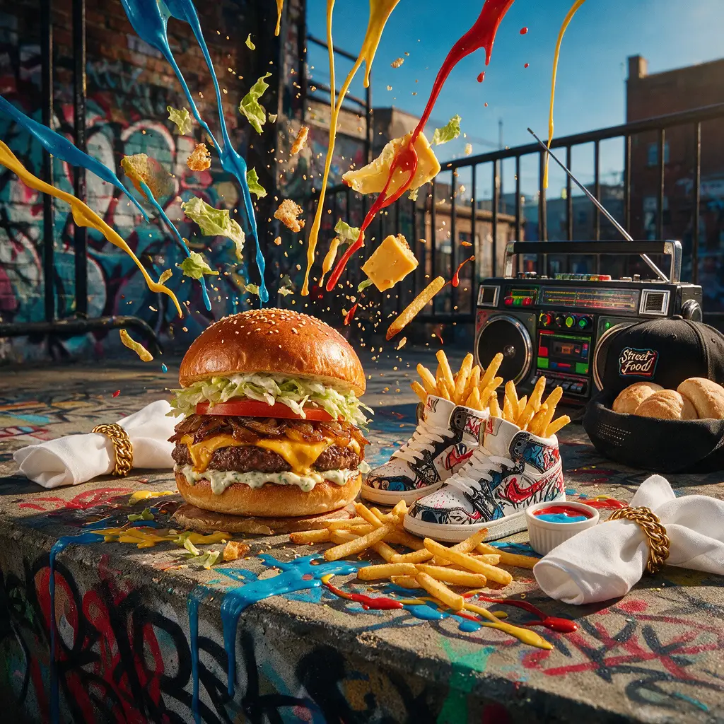 Gourmet-Burger und Pommes im Stil eines urbanen Graffiti-Tisches